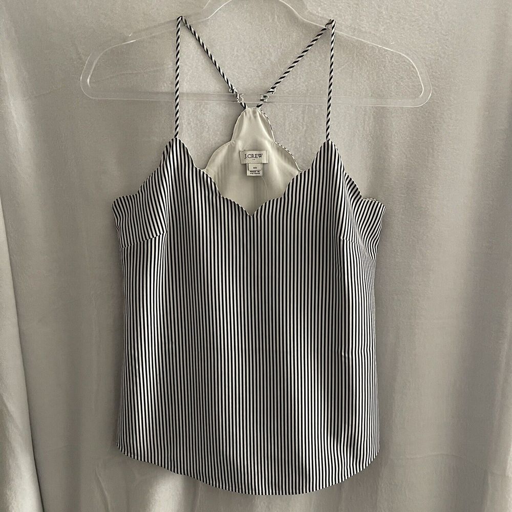 J. Crew Camisole Cami Top Womens 00 Blue Stripe Spaghetti Strap V Neck Scalloped